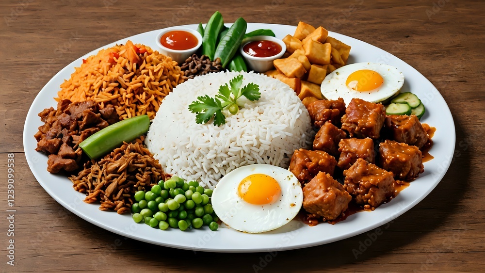 Delicious Asian-inspired meal featuring rice, fried eggs, meat, and vegetables. A balanced and appetizing food photography image. Delicious Asian-inspired meal featuring rice, fried eggs, meat, and vegetables. A balanced and appetizing food photography image.