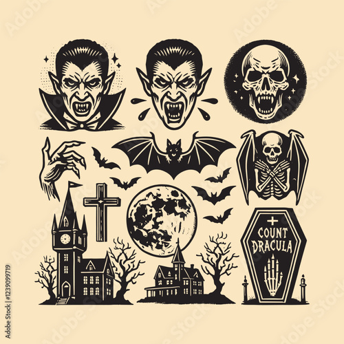 Vintage Dracula icon set with fangs, bat, castle, moon, and coffin.

