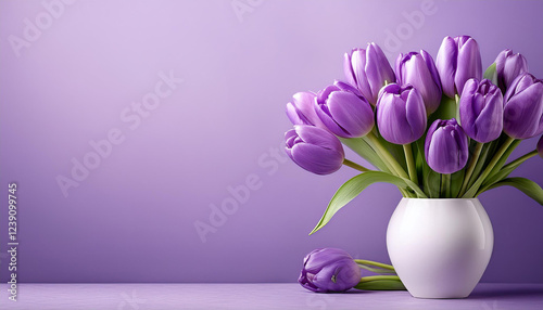 purple tulips in a white vase on a lavender background