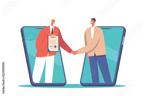 Smart Digital Contract Concept With Business Men Handshake Coming Out Of Huge Mobile Phones, Agreement, Partnership