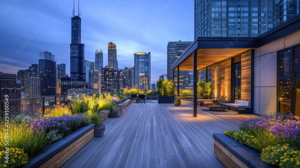 Obraz premium Modern Rooftop Terrace Overlooking Chicago Skyline