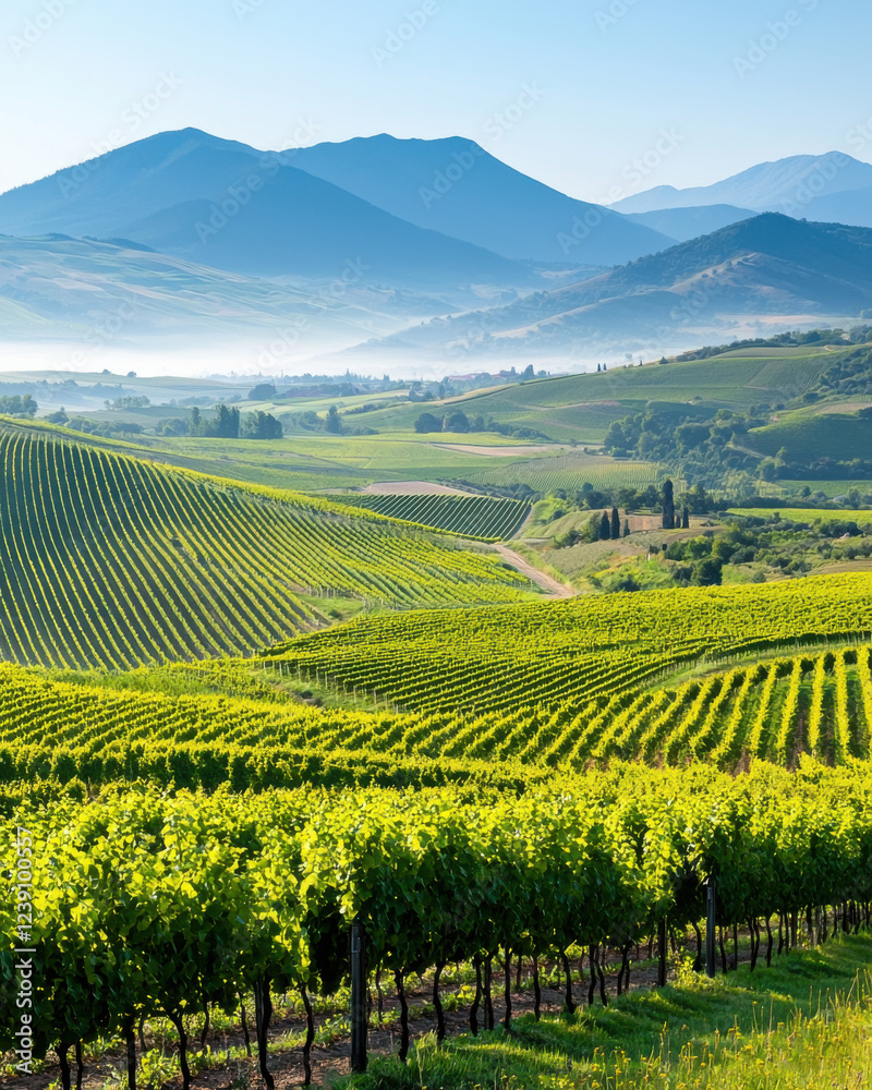 Fototapeta premium Lush vineyard landscape with rolling hills and misty mountains in background