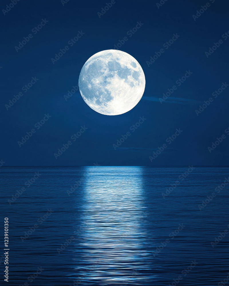 celestial moon shines brightly over tranquil ocean surface, creating serene atmosphere celestial moon shines brightly over tranquil ocean surface, creating serene atmosphere