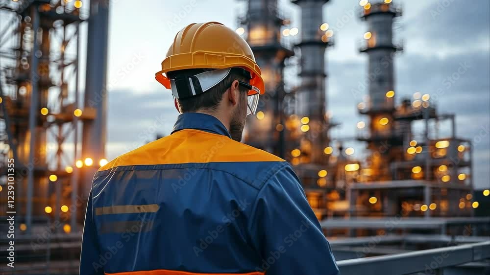 Male engineer wearing a safety helmet and PPE, walking confidently in an industrial factory. Male engineer wearing a safety helmet and PPE, walking confidently in an industrial factory.