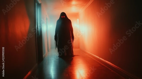 A shadowy figure stands in a misty corridor, illuminated by red and blue lights, creating an unsettling scene that evokes feelings of suspense and dread. photo