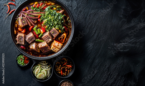 Sichuan style hot pot with beef, veggies and spices seen from above on a black granite table top with copy space photo