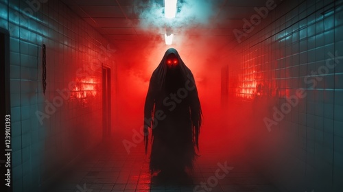 An ominous dark entity with glowing red eyes and a flowing cloak is seen in a foggy hallway, creating a haunting atmosphere of tension and fear.