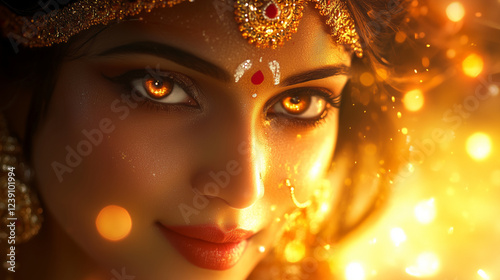 A close-up of Goddess LakshmiÃ¢ÂÂs radiant face, her serene expression glowing with divine beauty and golden light photo