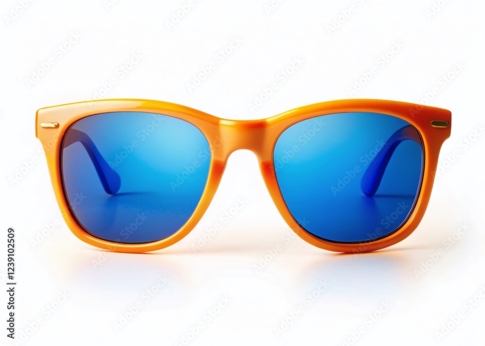 Minimalist Orange Sunglasses with Blue Lenses Isolated on White Background - Stock Photo Minimalist Orange Sunglasses with Blue Lenses Isolated on White Background - Stock Photo