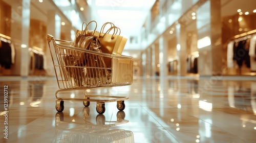 A stylish golden shopping cart filled with upscale shopping bags, set in an elegant retail environment showcasing luxurious fashion items in a bright atmosphere. photo