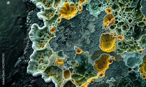  closeup of colorful lichen growing on a tree bark; green bacteria growing 