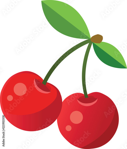 Red cherry Vector icon, red cherries fruit with leaves illustration