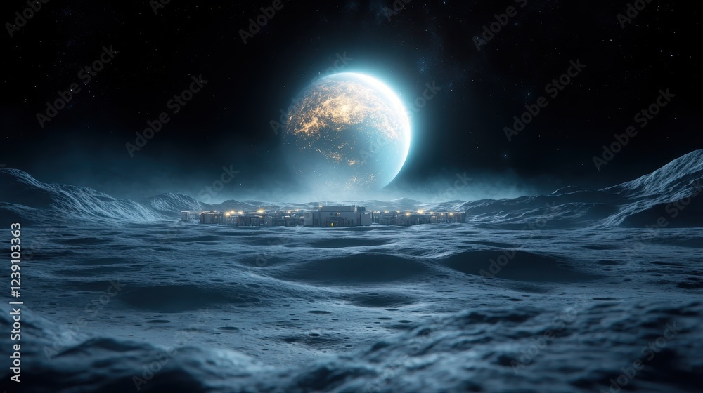 Fototapeta premium A magnificent futuristic base is shown on a moon's surface, with a massive Earth looming in the background, depicting humanity's ambitious exploration beyond our planet.