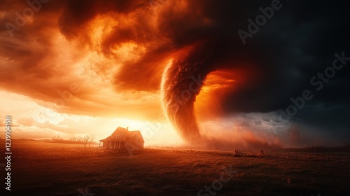 This dramatic image captures a powerful tornado sweeping through a desolate landscape, with an aged farmhouse standing resolutely against the backdrop of swirling clouds. photo