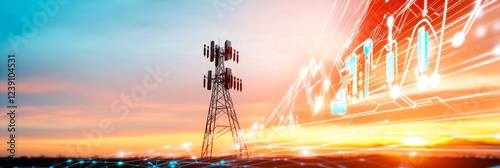 Sunset Over Cellular Network Infrastructure - Wireless communication, technological advancement, data transfer, global connectivity, future technology. photo