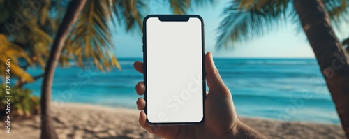 Im enjoying a serene summer vacation at a tropical beach, basking in the sun, feeling the breeze, and using my smartphone to capture moments and stay connected with friends and family