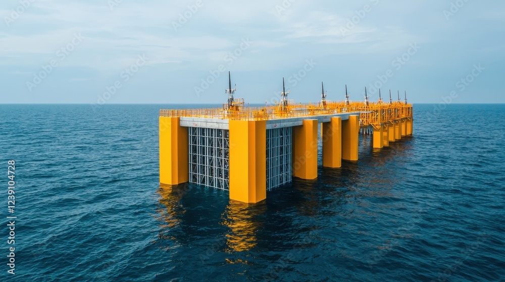 A large yellow structure stands in the ocean, supported by multiple pillars, under a cloudy sky, suggesting a marine or industrial purpose. A large yellow structure stands in the ocean, supported by multiple pillars, under a cloudy sky, suggesting a marine or industrial purpose.
