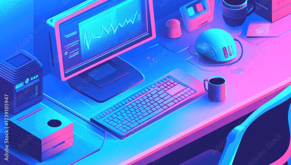 Modern computer desk setup with glowing keyboard, monitor displaying data, and accessories. Modern computer desk setup with glowing keyboard, monitor displaying data, and accessories.