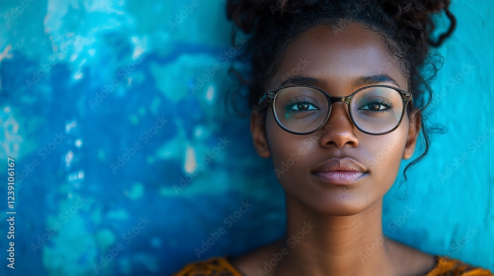 Naklejka premium Young woman, glasses, blue background, calm expression, portrait