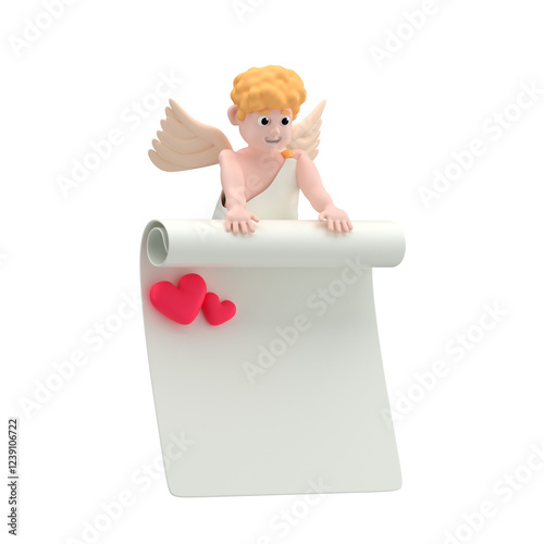 Happy cupid character with wings holding a black piece of white paper with two hearts, 3d render