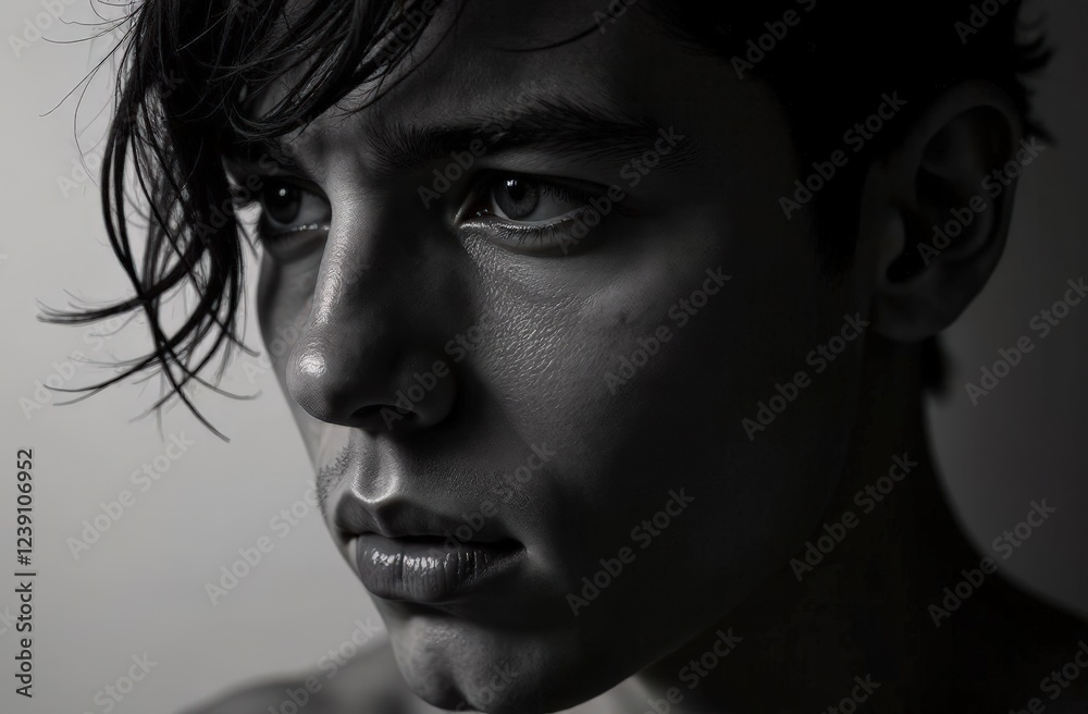 Minimalist Black-and-White Portrait with Intense Expression Minimalist Black-and-White Portrait with Intense Expression