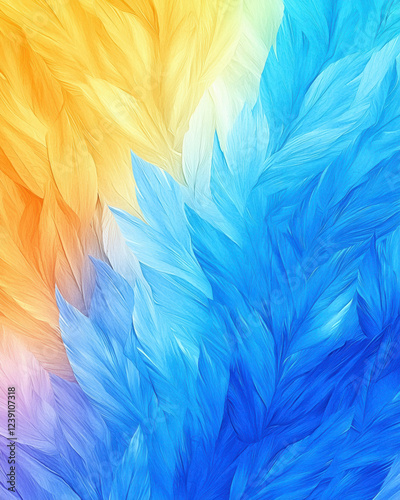 Vibrant and colorful abstract feather pattern in blue and orange hues