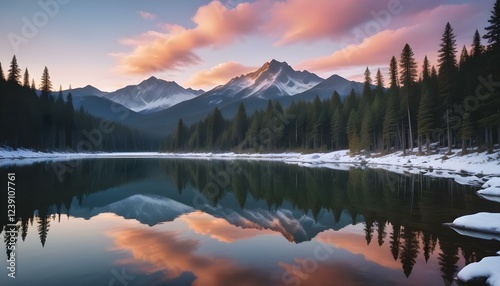 Un sereno paisaje montañoso con picos nevados, un lago tranquilo y un vibrante cielo al atardecer. El primer plano presenta un denso bosque de pinos reflejado en las tranquilas aguas, creando una esce photo