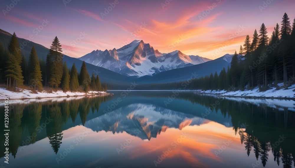 Fototapeta premium Un sereno paisaje montañoso con picos nevados, un lago tranquilo y un vibrante cielo al atardecer. El primer plano presenta un denso bosque de pinos reflejado en las tranquilas aguas, creando una esce