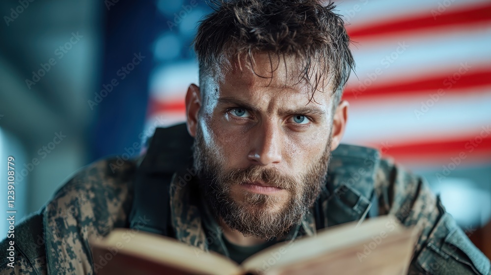 An intense soldier, with a rugged look, is reading a book while blending in with the atmosphere of determination and patriotism in front of an American flag backdrop. An intense soldier, with a rugged look, is reading a book while blending in with the atmosphere of determination and patriotism in front of an American flag backdrop.