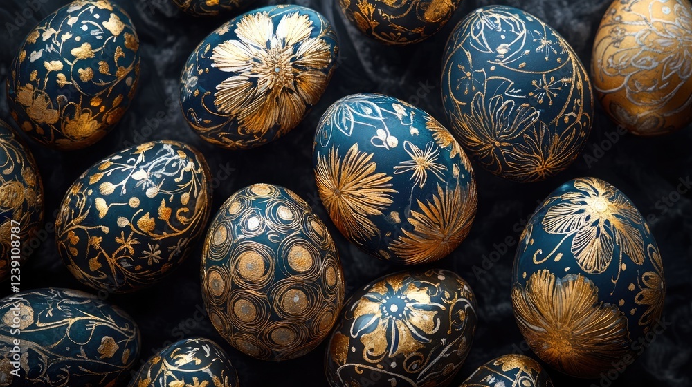 Easter eggs background, lots of easter eggs, each of them is different color and detailed floral pattern, in dark blue and gold Easter eggs background, lots of easter eggs, each of them is different color and detailed floral pattern, in dark blue and gold