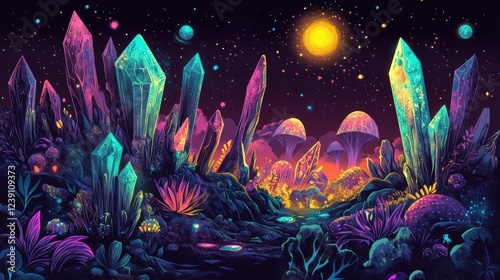 Vibrant Crystal Landscape Under A Night Sky