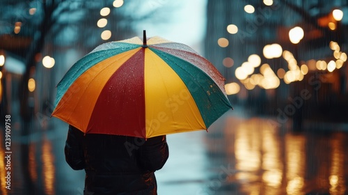 Wallpaper Mural A silhouette of a person holding a multicolored umbrella stands on a rainy street, merging with the glittering city lights, symbolizing hope and joy amid gloomy weather. Torontodigital.ca