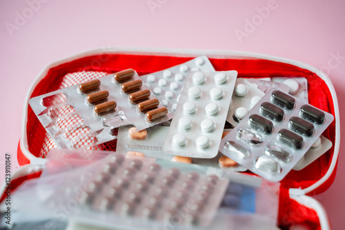 A bright red first aid kit that contains an assortment of various pills and capsules, designed for medical emergencies and health care needs, ensuring you have essential medicines on hand photo