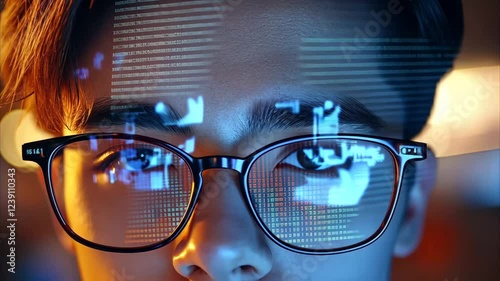 Skilled developer analyzing code with neon text reflections on glasses. AI, cybersecurity, and IT service innovation.
