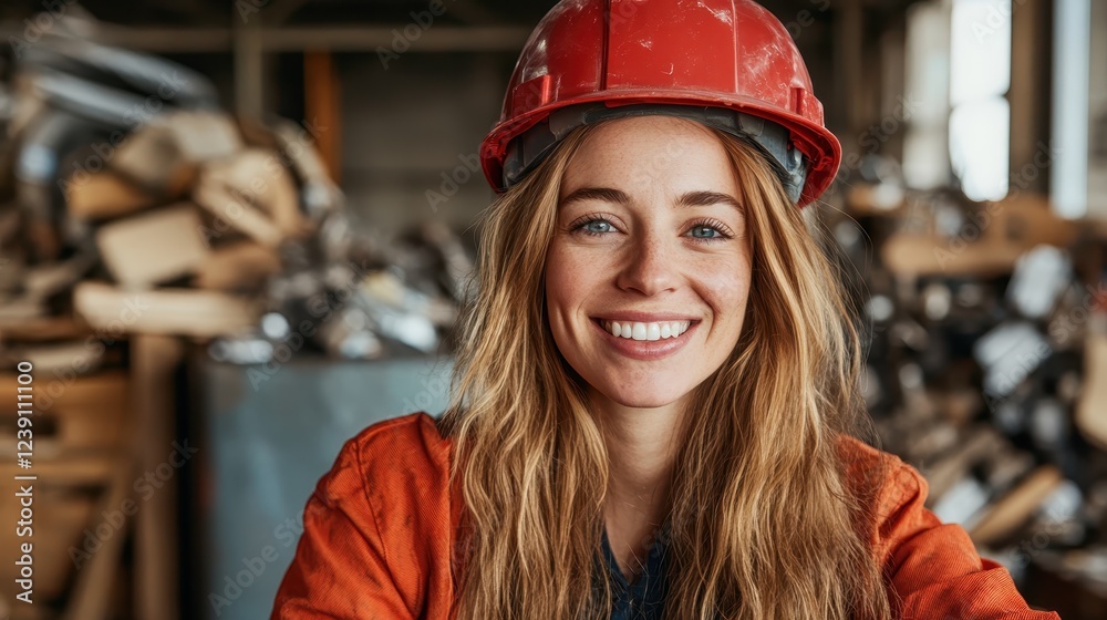 In this bright setting, a content woman wearing a hard hat and safety gear beams with pride while showcasing her role in the construction industry, inspiring confidence. In this bright setting, a content woman wearing a hard hat and safety gear beams with pride while showcasing her role in the construction industry, inspiring confidence.