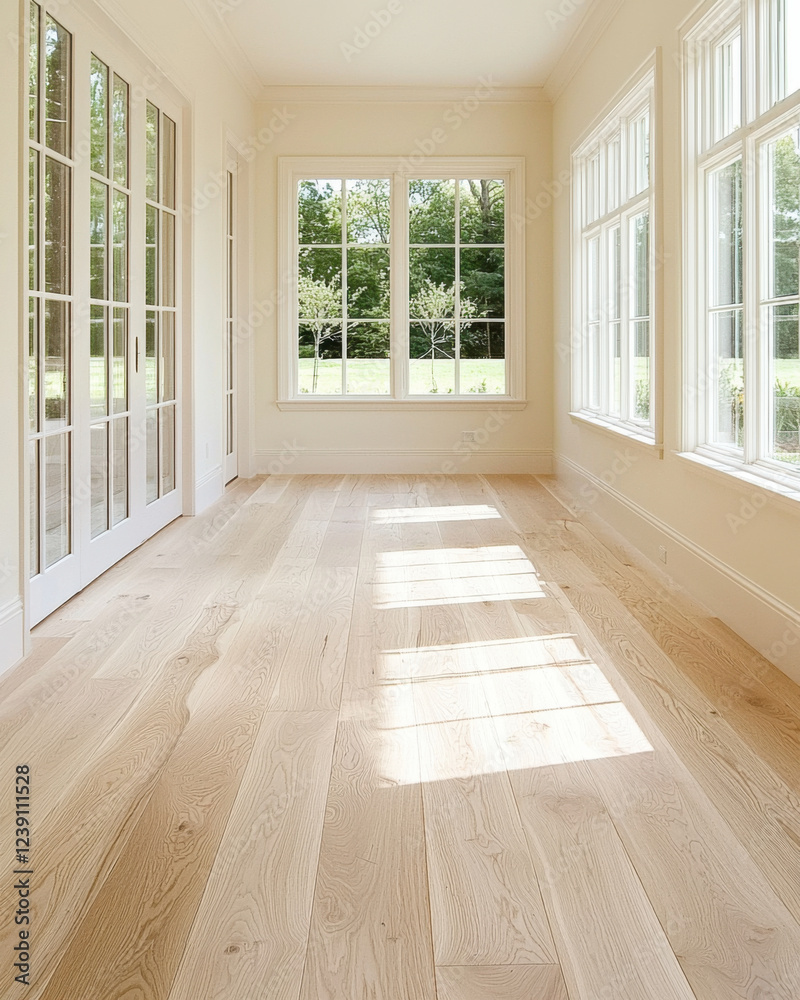 Obraz premium Bright and airy hallway with light wooden flooring and large windows