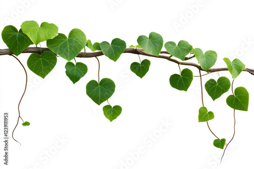 Green heart-shaped leaves of an ivy climbing plant with long branches, isolated on a white background. 