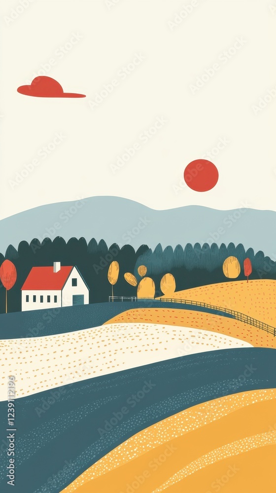 Naklejka premium Rural Farmhouse Landscape with Rolling Hills and Sun