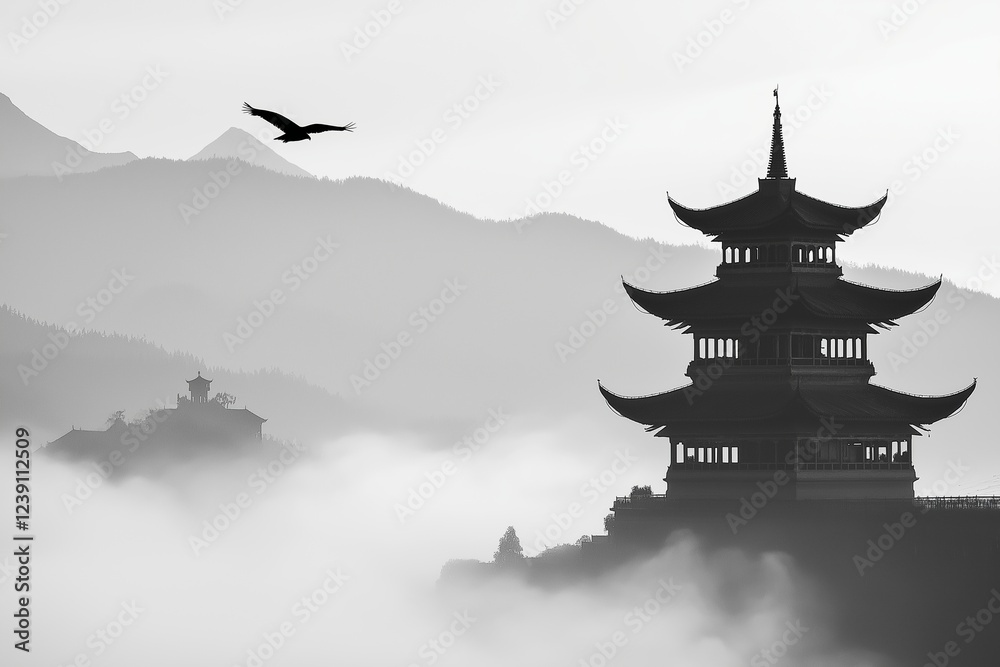 Obraz premium A tranquil scene of traditional pagodas shrouded in mist, highlighting architectural beauty against nature.