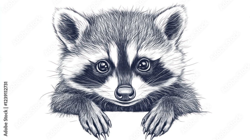 Obraz premium Adorable baby raccoon peeking over, nature background, wildlife illustration, ideal for children's book