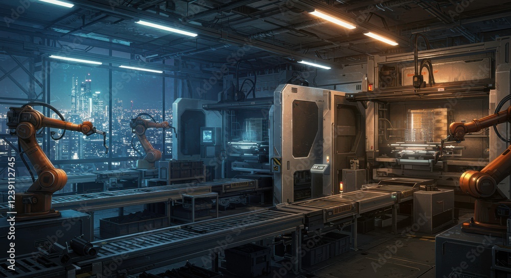 Automated Factory at Night: Futuristic factory interior at night, showcasing advanced robotic arms and automated machinery against a backdrop of a vibrant cityscape. Automated Factory at Night: Futuristic factory interior at night, showcasing advanced robotic arms and automated machinery against a backdrop of a vibrant cityscape.