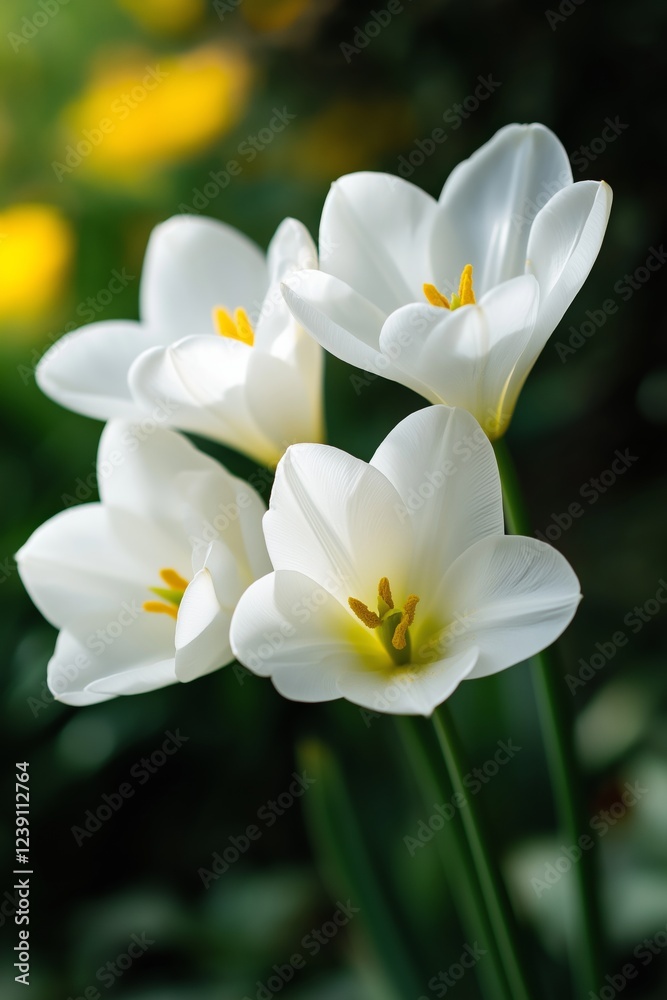 A striking close-up shot of white tulips showcases their delicate beauty and vibrant yellow centers. A striking close-up shot of white tulips showcases their delicate beauty and vibrant yellow centers.
