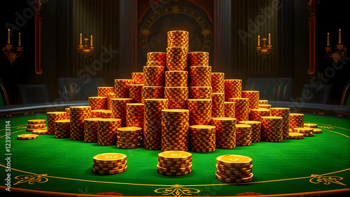 Gold casino chips stacked on green felt of gaming table symbolize gambling and betting, fun and luxury.
