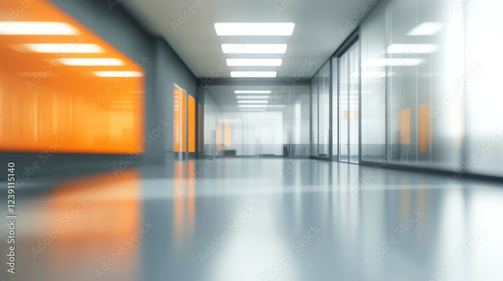 Fototapeta premium Stunning modern office interior with gray tones and soft orange accents in a spacious environment