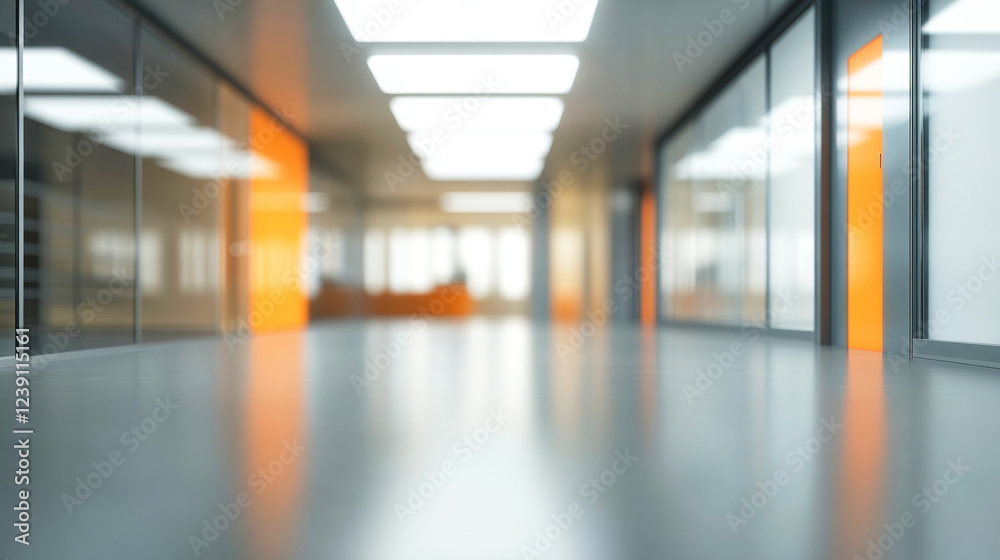 Fototapeta premium Modern office interior with expansive windows and soft orange accents in a stylish workspace