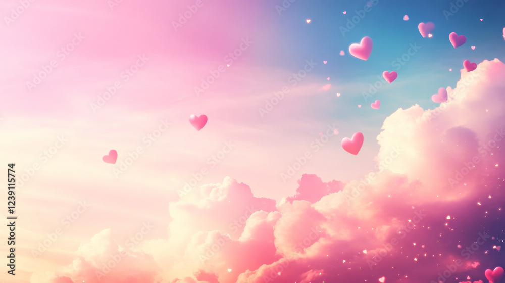 Playful Valentines background with pastel skies and cartoon hearts
