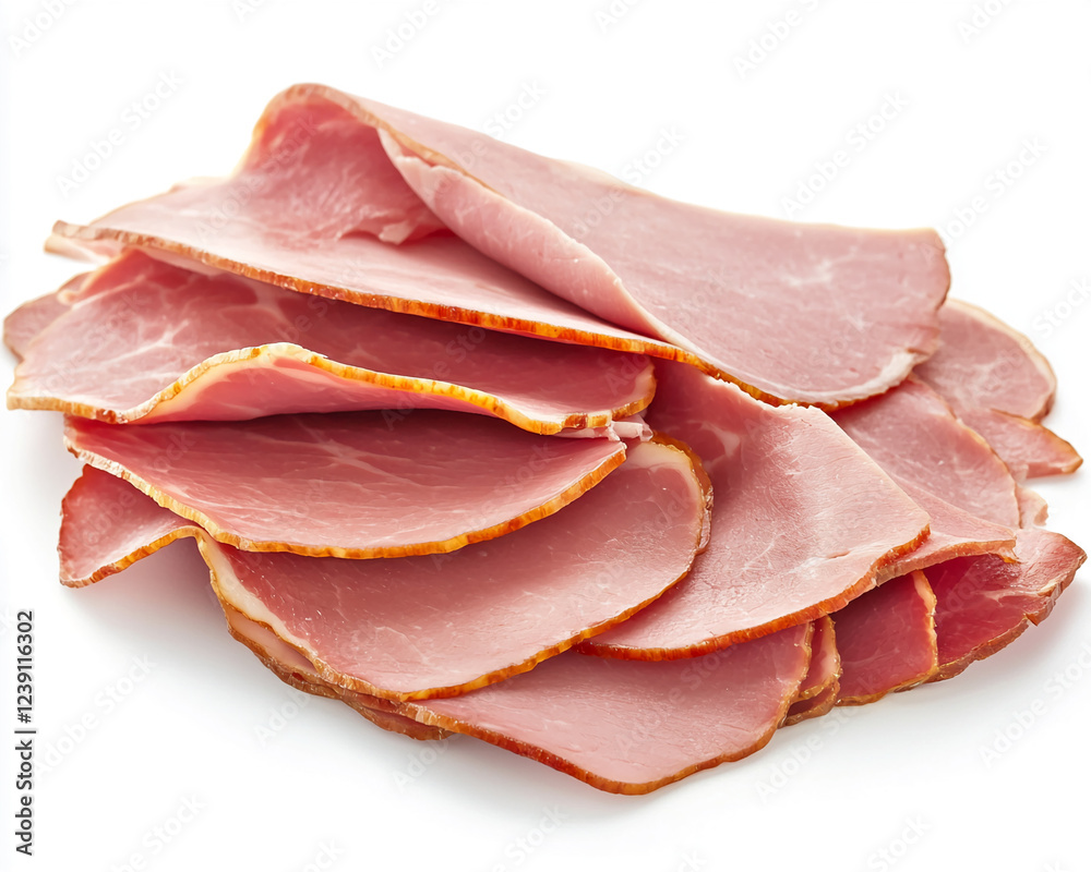 Slices of cured ham arranged neatly on a white surface for culinary presentation or food preparation Slices of cured ham arranged neatly on a white surface for culinary presentation or food preparation