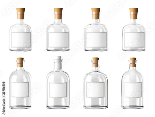 Empty transparent glass bottles with cork stoppers and blank labels, suitable for product mockups or beverage designs, isolated on transparent background, PNG, cut out