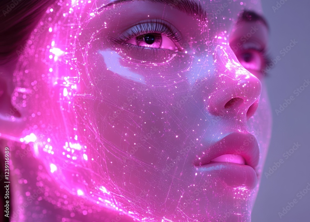 Futuristic Robotic Head with Mesh Details Illuminated by Purple Glow in Symmetrical Composition Futuristic Robotic Head with Mesh Details Illuminated by Purple Glow in Symmetrical Composition