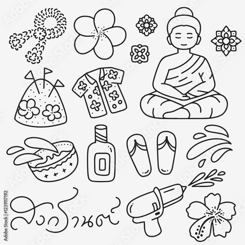 05 Songkran water festival thailand cartoon doodle outline icon